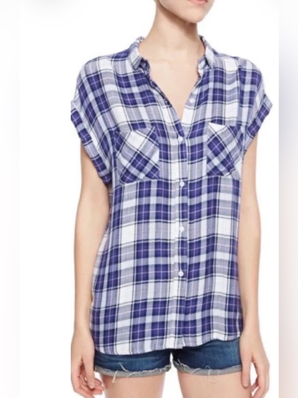 Rails Britt Blue and White Plaid Cap-Sleeve Button-Down Shirt
